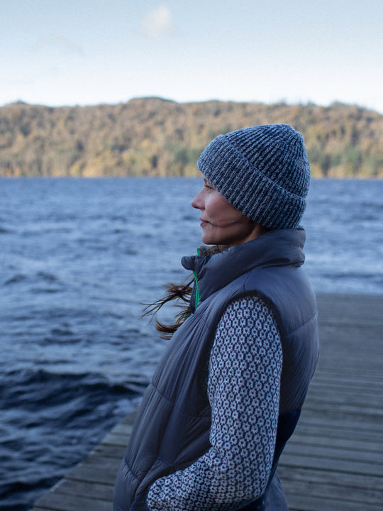 Merino wool womens crew neck jumper sweater knit in navy blue winter icelandic knit side view #colour_nocturne