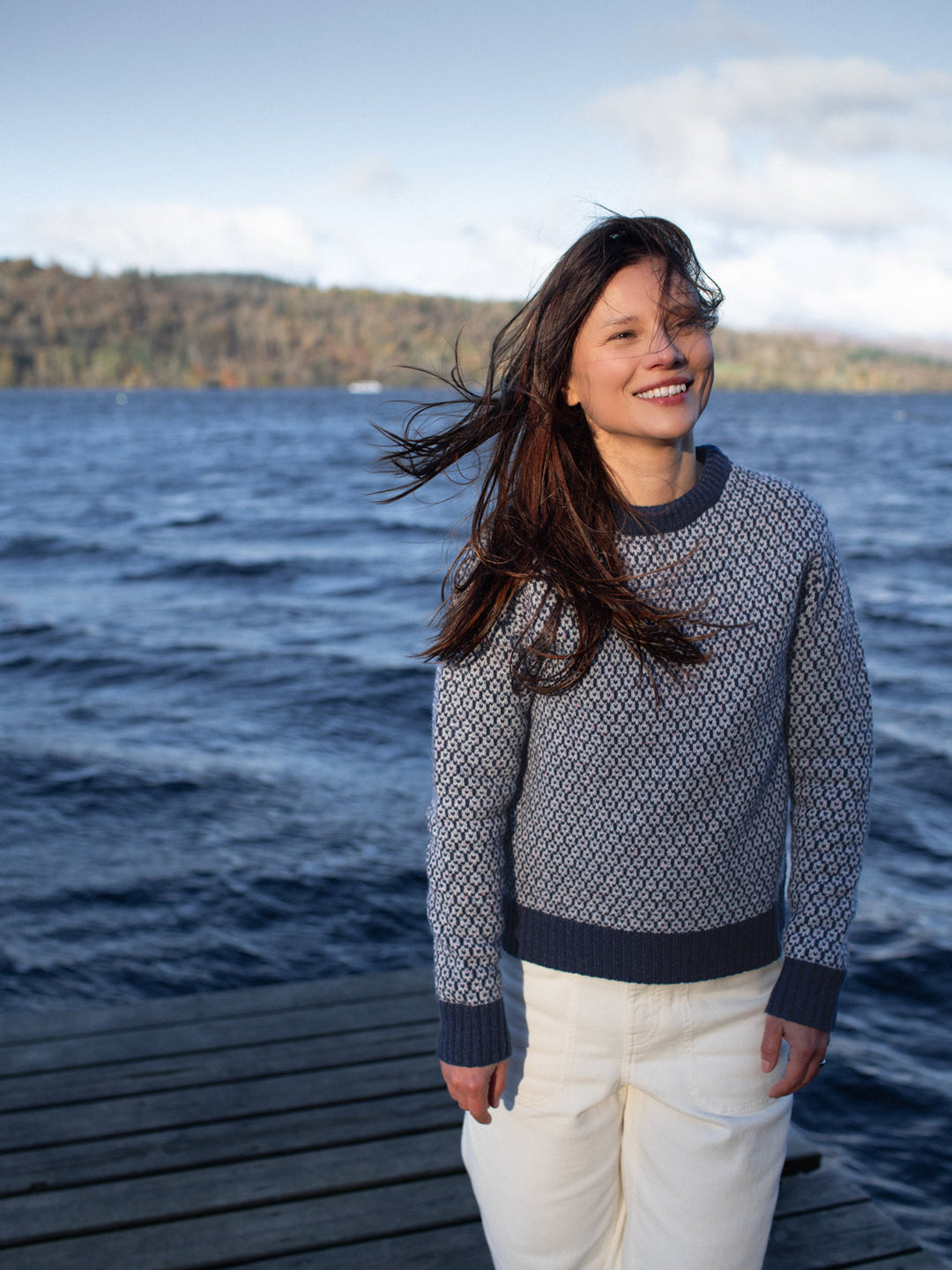 Merino wool womens crew neck jumper sweater knit in navy blue winter icelandic knit front #colour_nocturne