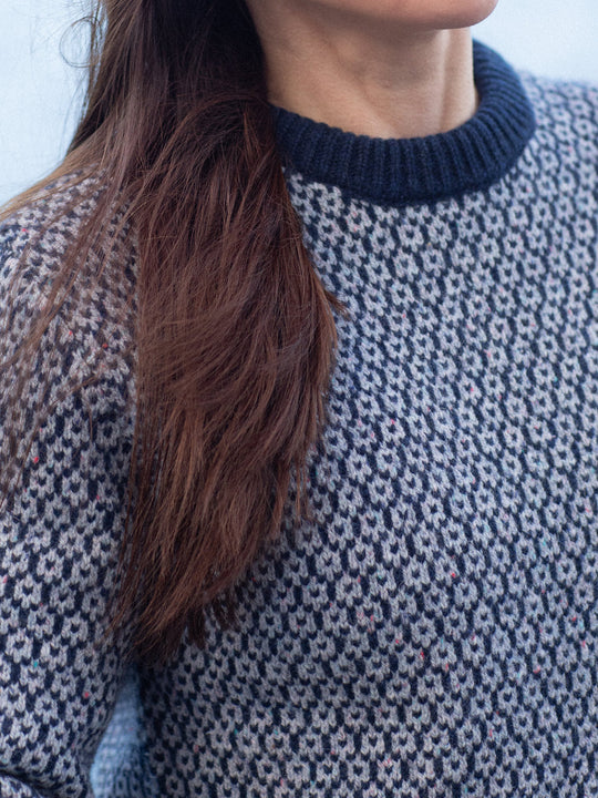 Merino wool womens crew neck jumper sweater knit in navy blue winter icelandic knit detail #colour_nocturne
