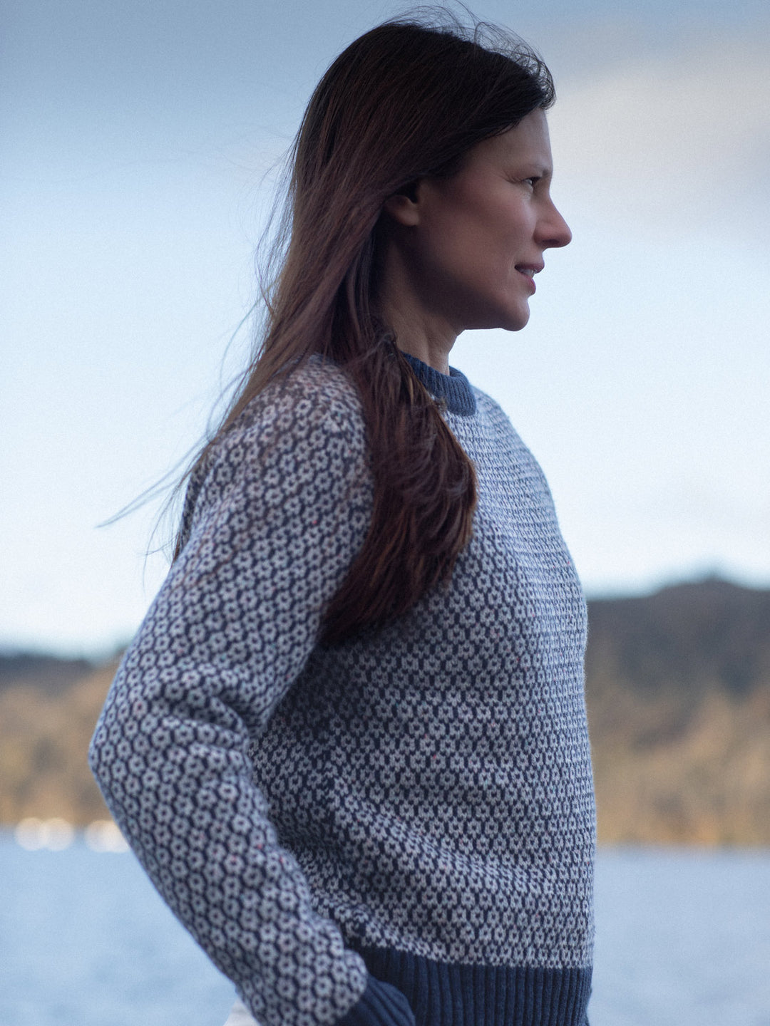 Merino wool womens crew neck jumper sweater knit in navy blue winter icelandic knit side view #colour_nocturne