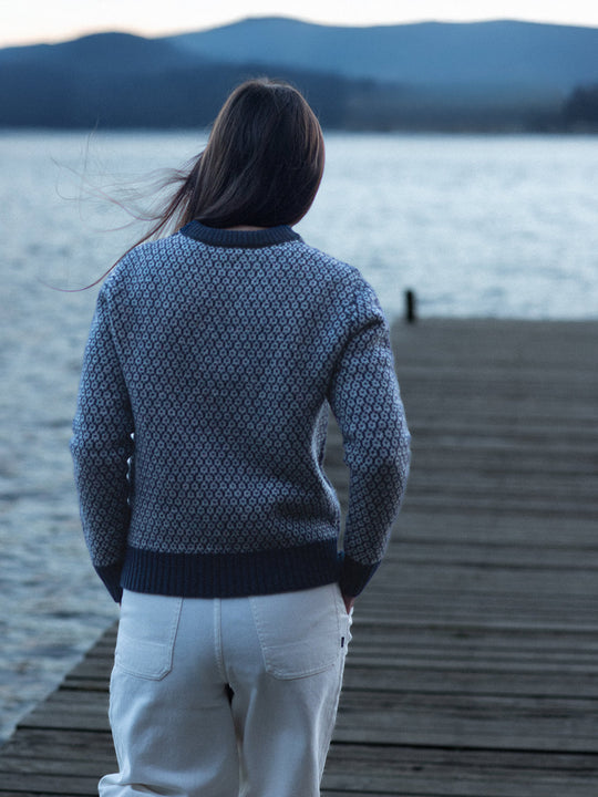 Merino wool womens crew neck jumper sweater knit in navy blue winter british knit rear view #colour_nocturne