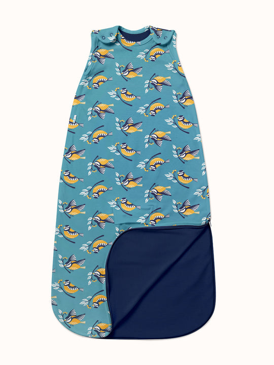 Merino baby sleeping bag bird print full length #colour_blue-tit
