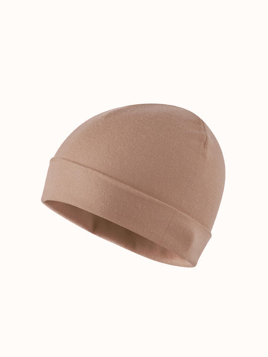 Merino beanie hat beige neutral kids side #colour_pebble