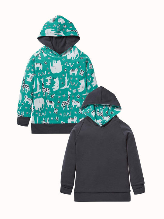 Kids Merino Reversible Hoody Superlove Merino safari animals still #colour_on-safari