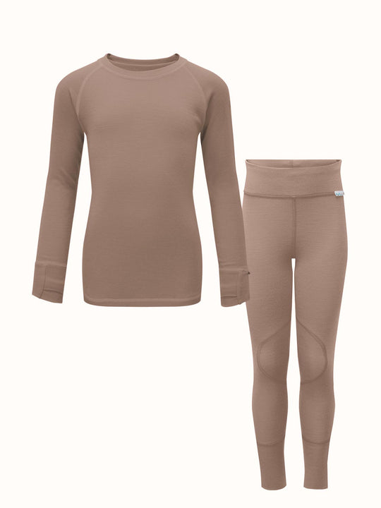 Merino wool kids thermal baselayer pyjama in neutral beige #colour_pebble