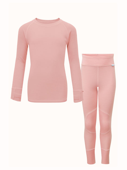 Merino wool kids thermal baselayer pyjama set in pink #colour_vintage-rose