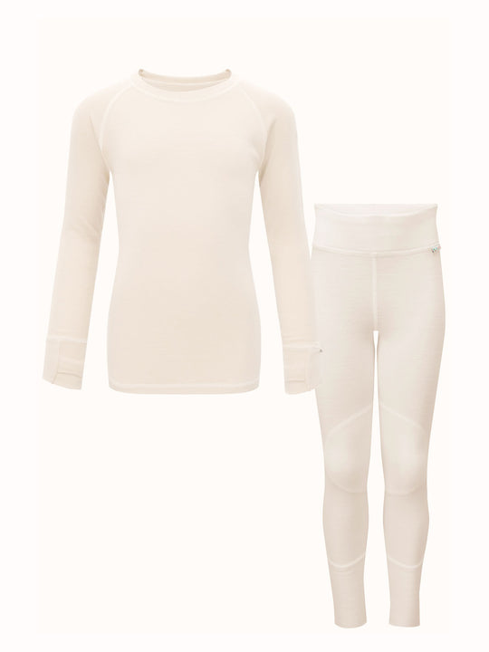 Merino wool kids thermal baselayer pyjama set in white #colour_pure-ivory