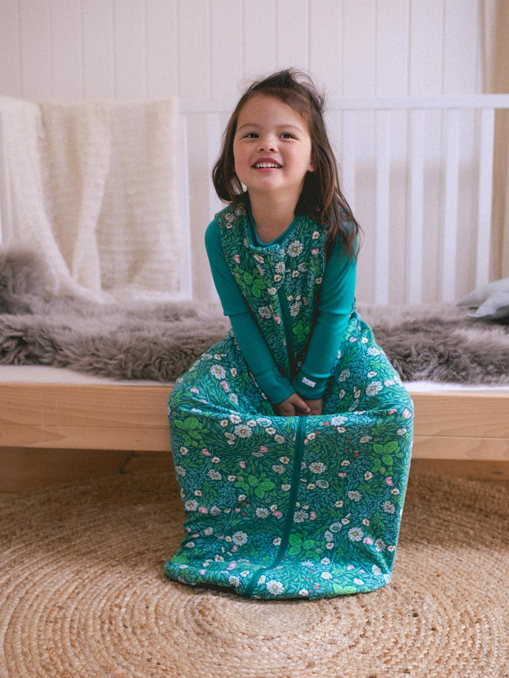 Merino wool toddler sleeping bag classic zip by Superlove Merino front green floral  #colour_secret-garden