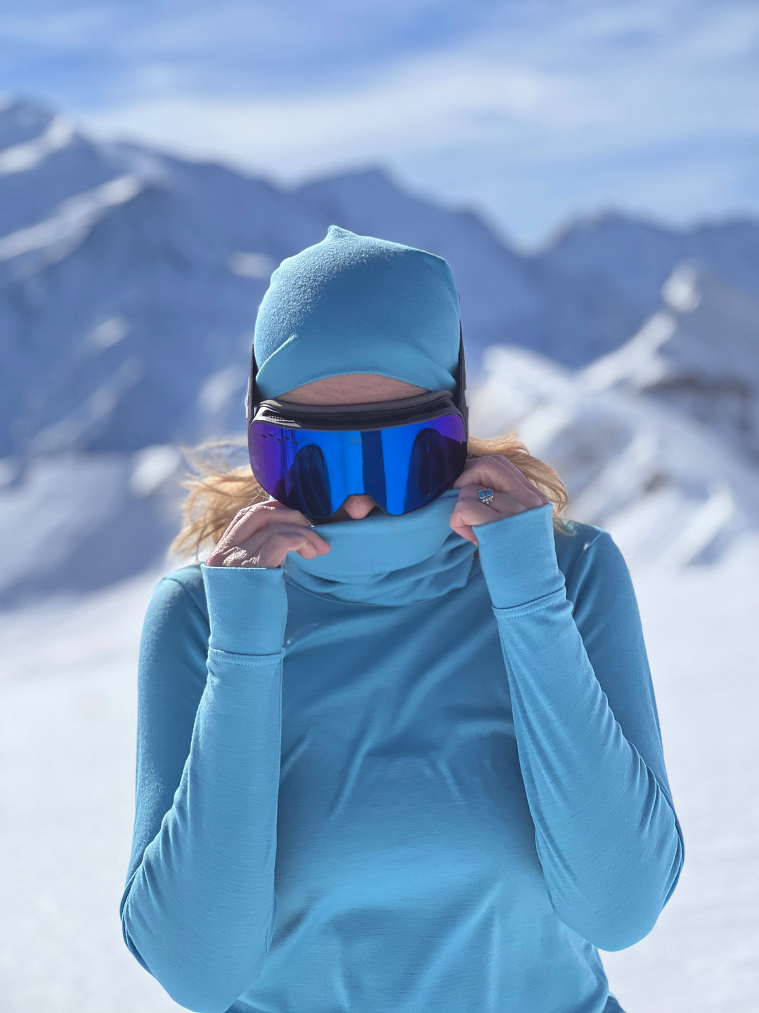 Merino womens ski thermal baselayer hat snood bundle blue #colour_raindrop