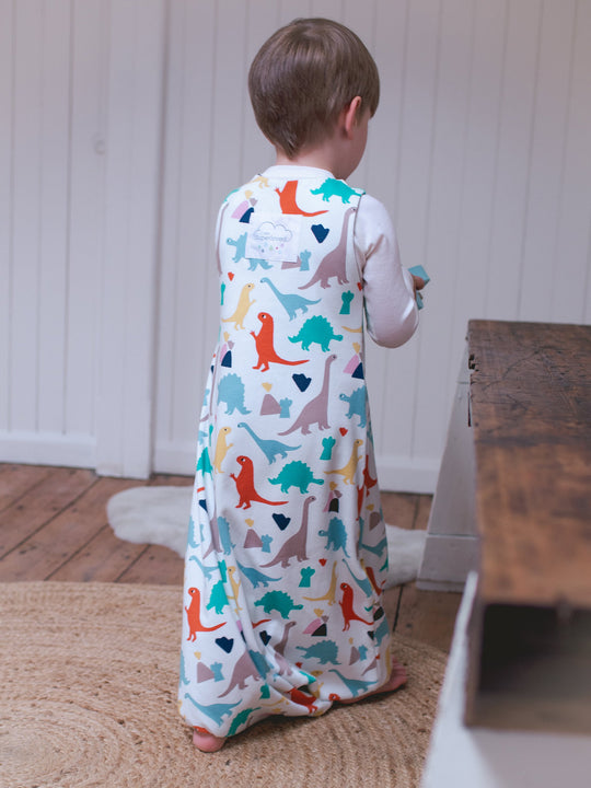 Merino toddler sleeping bag with feet dinosaur print back full length #colour_dinosaurs