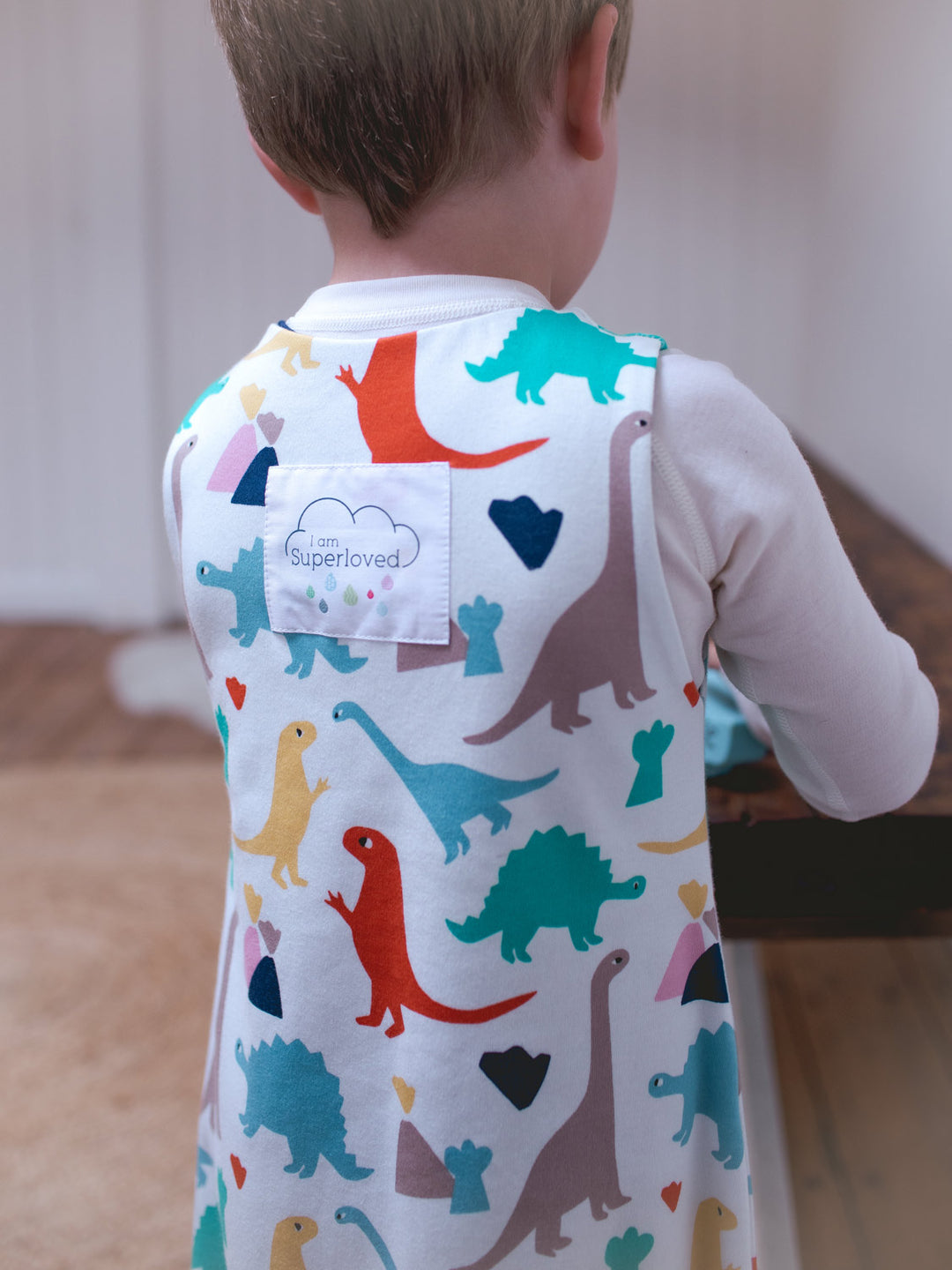 Merino toddler sleeping bag with feet dinosaur print closeup  #colour_dinosaurs