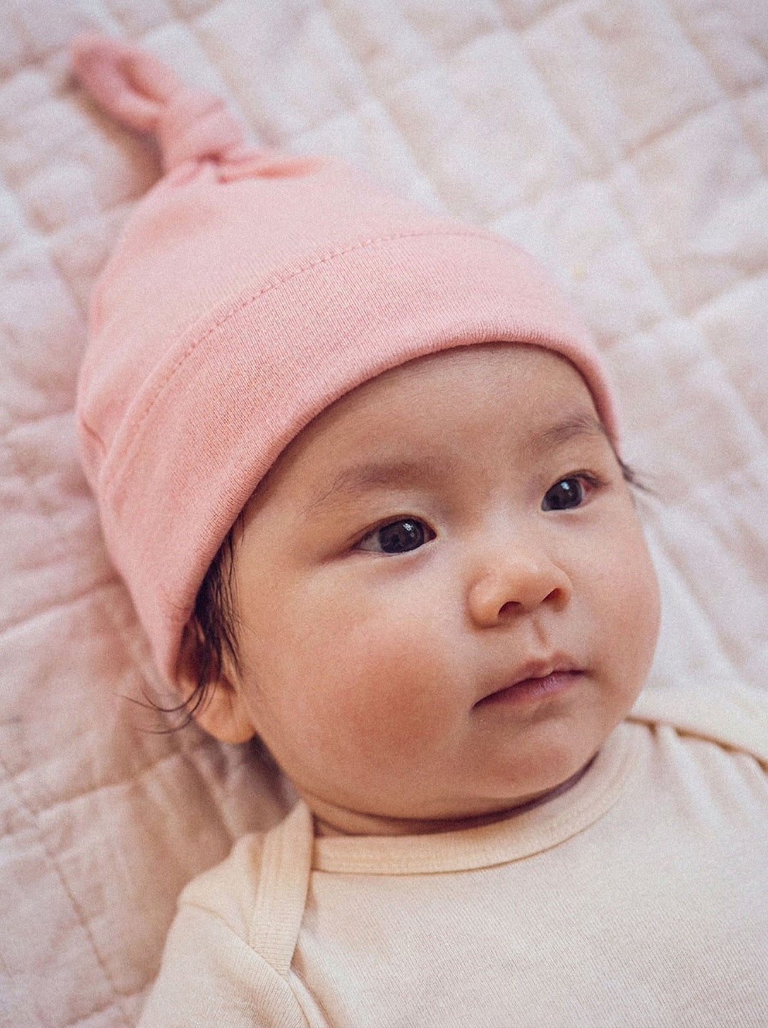 Merino baby hat pink front #colour_vintage-rose