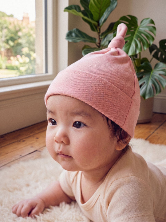 Merino baby hat pink close #colour_vintage-rose