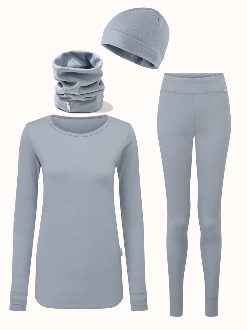 Merino womens ski thermal baselayer hat snood bundle grey #colour_cloud-grey
