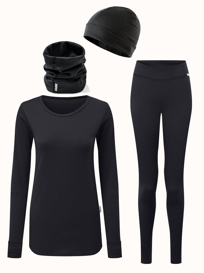 Merino womens ski thermal baselayer hat snood bundle black #colour_ink
