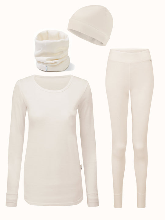 Merino womens ski thermal baselayer hat snood bundle white #colour_pure-ivory