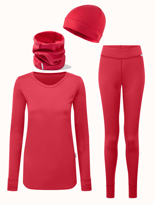 Merino womens ski thermal baselayer hat snood bundle red #colour_soft-red