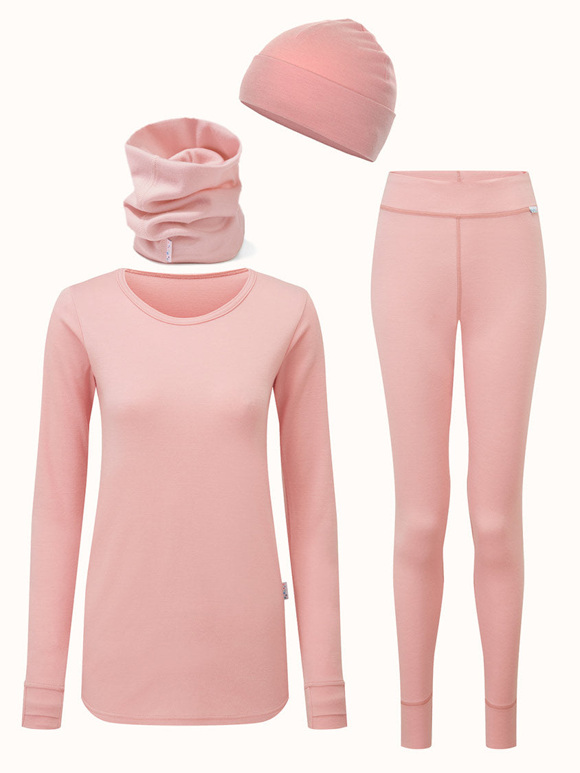 Merino womens ski thermal baselayer hat snood bundle pink #colour_vintage-rose
