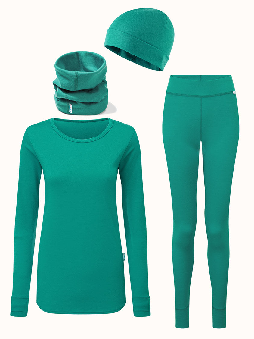 Merino womens ski thermal baselayer hat snood bundle green #colour_wild-green