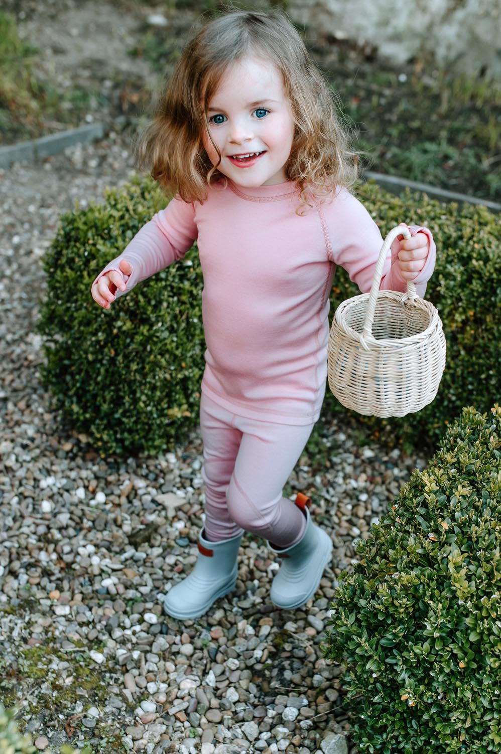 Merino wool kids thermal baselayer pyjama in pink #colour_vintage-rose