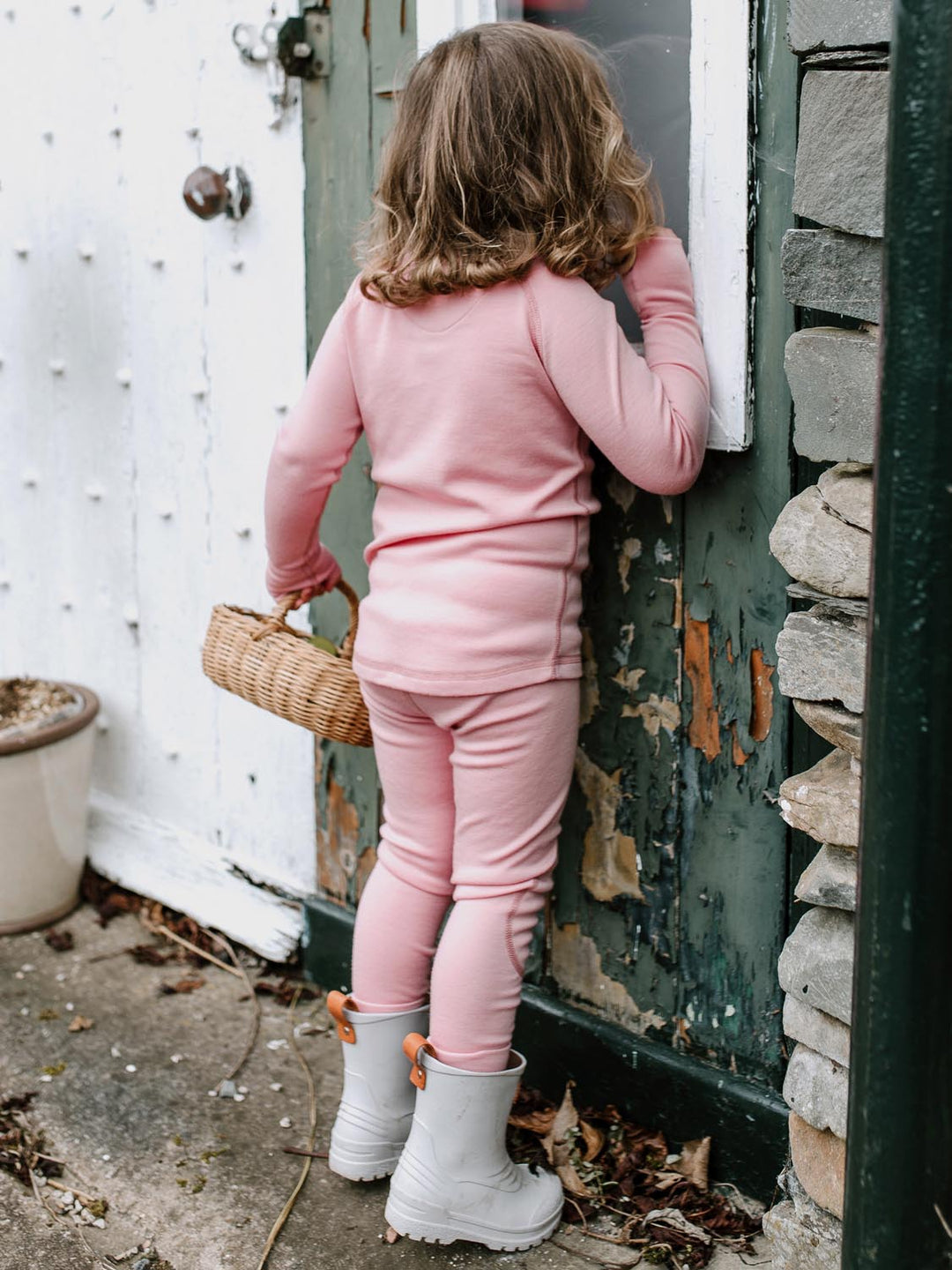 Merino wool kids thermal baselayer pyjama in pink back #colour_vintage-rose