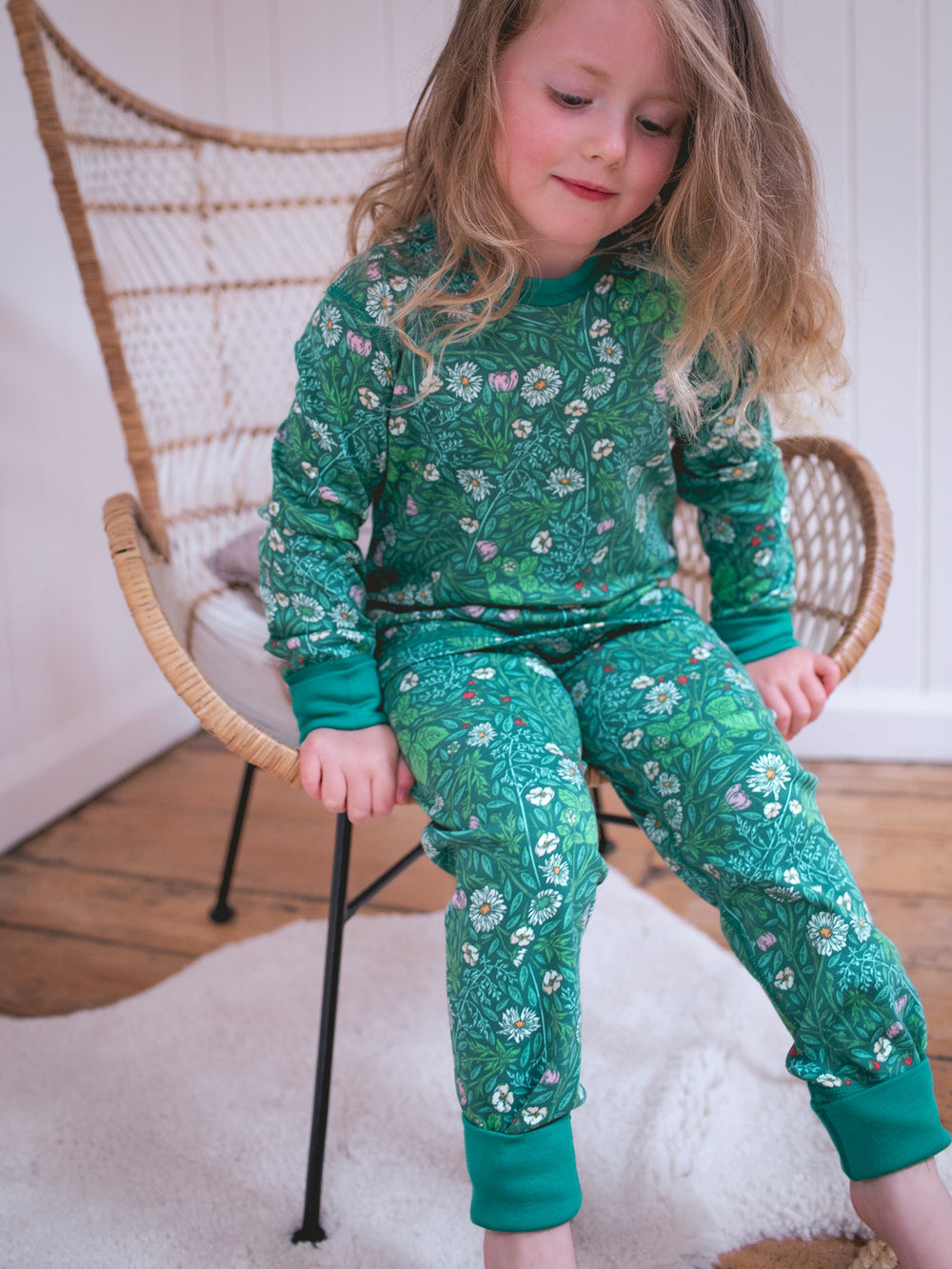 organic cotton kids pyjama PJ closeup #colour_secret-garden