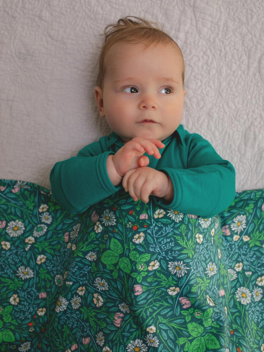 Merino baby wrap blanket floral green detail #colour_secret-garden