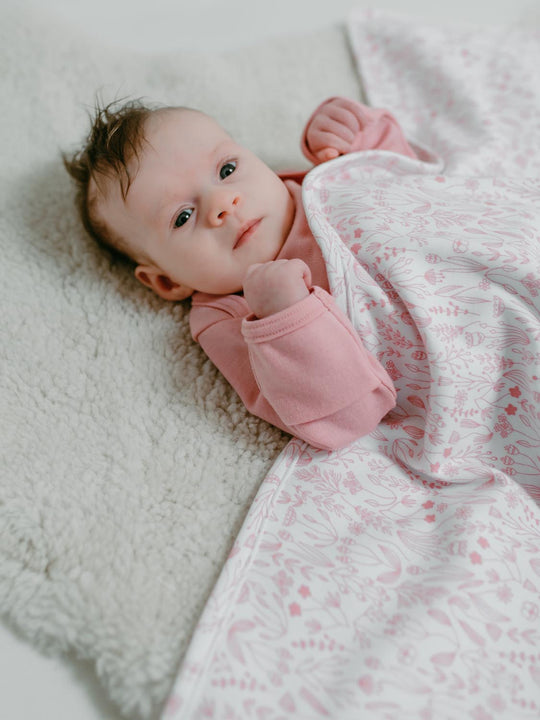 merino baby cot blanket pink floral detail  #colour_millefleur