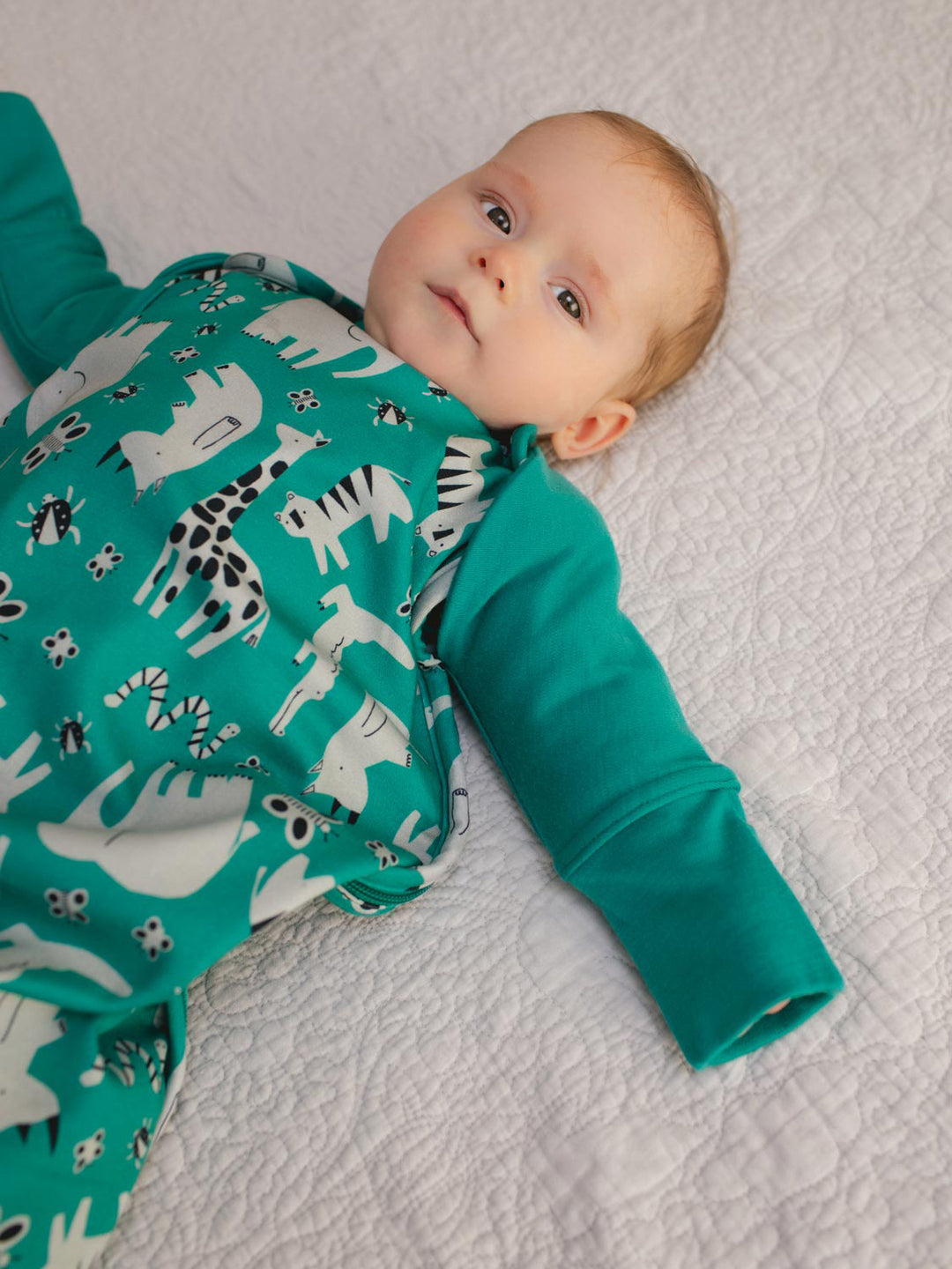 Merino baby sleeping bag arms green side #colour_wild-green