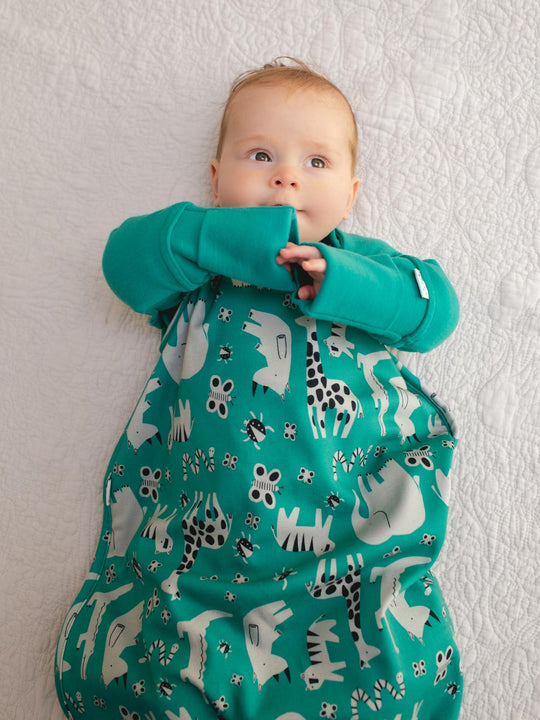 Merino baby sleeping bag arms green front #colour_wild-green