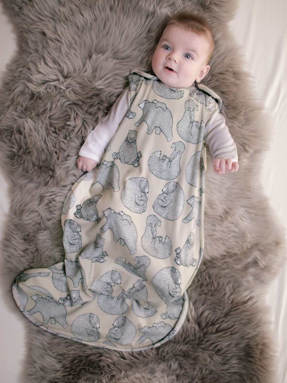 Merino baby sleeping bag neutral beige bear  front #colour_bearhugs-oat