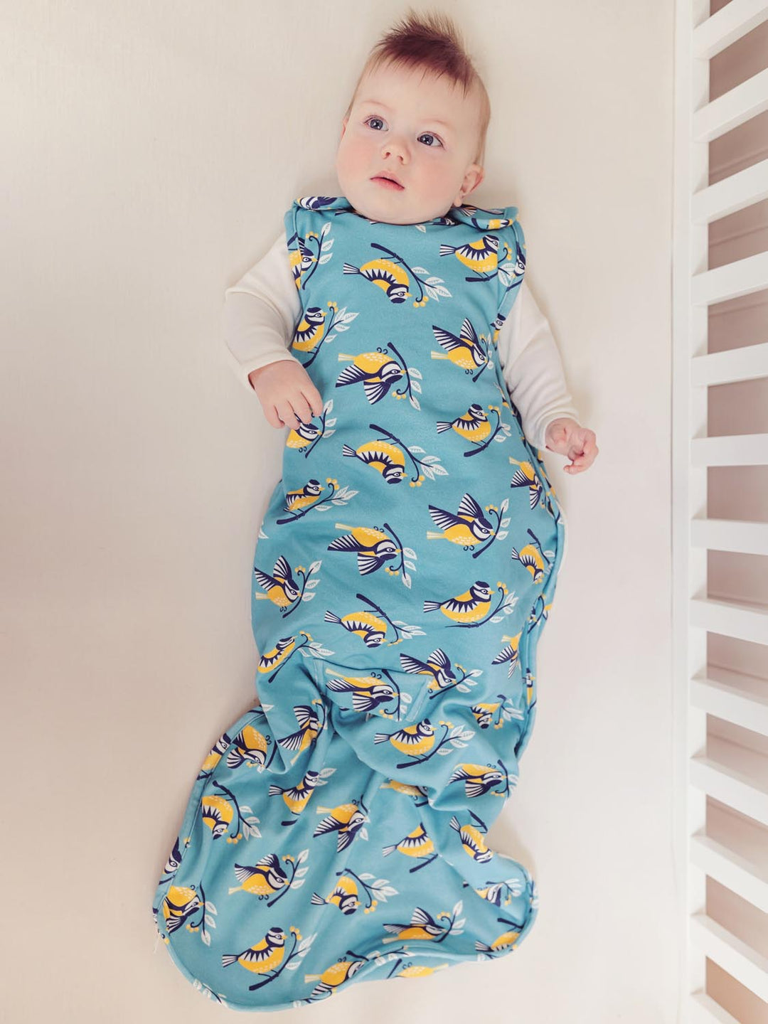 Merino baby sleeping bag bird print front shot #colour_blue-tit