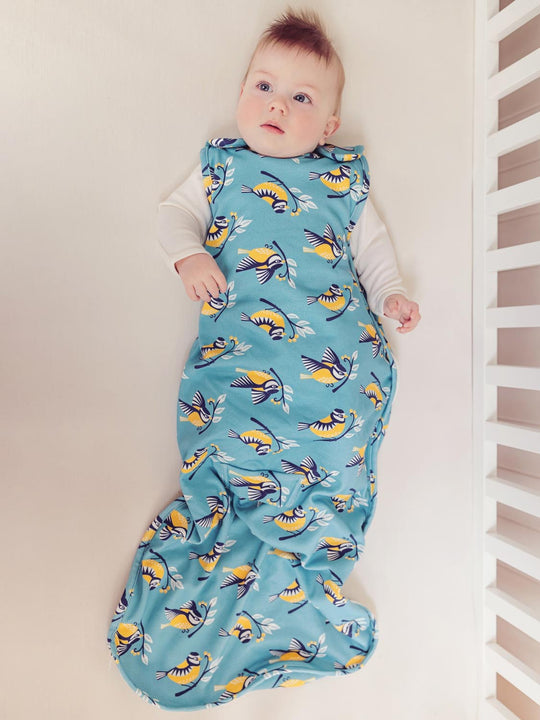 Merino baby sleeping bag bird print front shot #colour_blue-tit