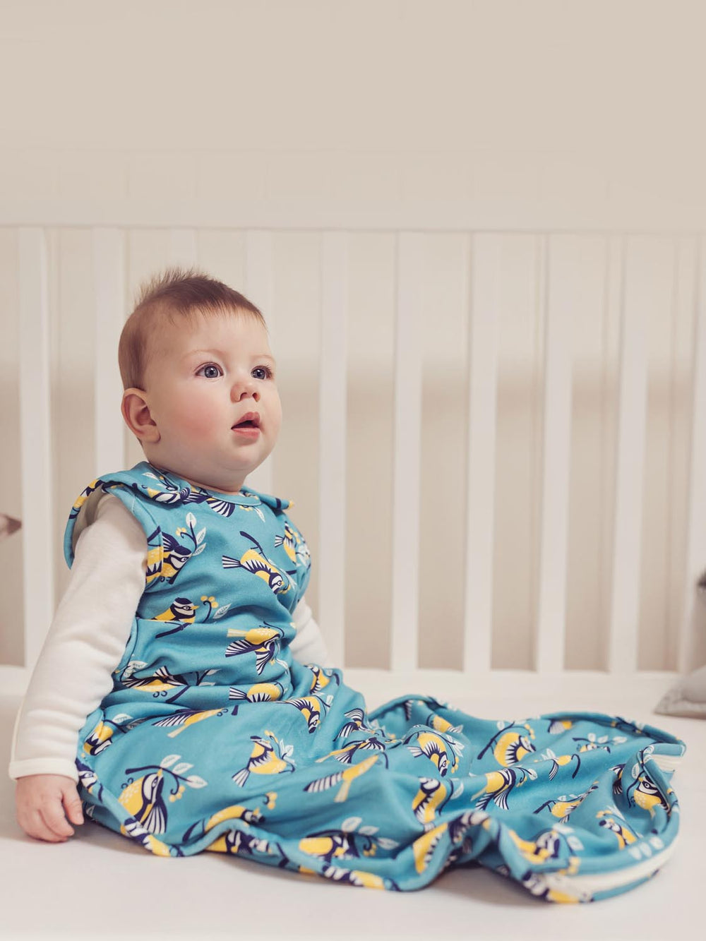 Merino baby sleeping bag bird print sitting #colour_blue-tit