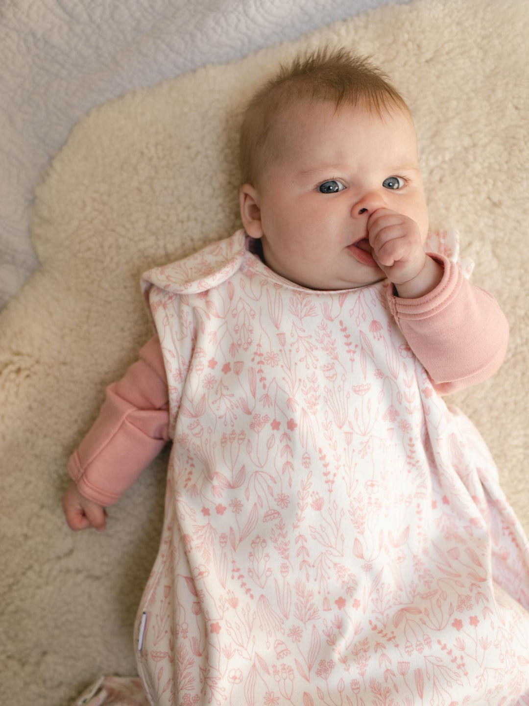 Merino baby sleeping bag floral pink detail  #colour_millefleur