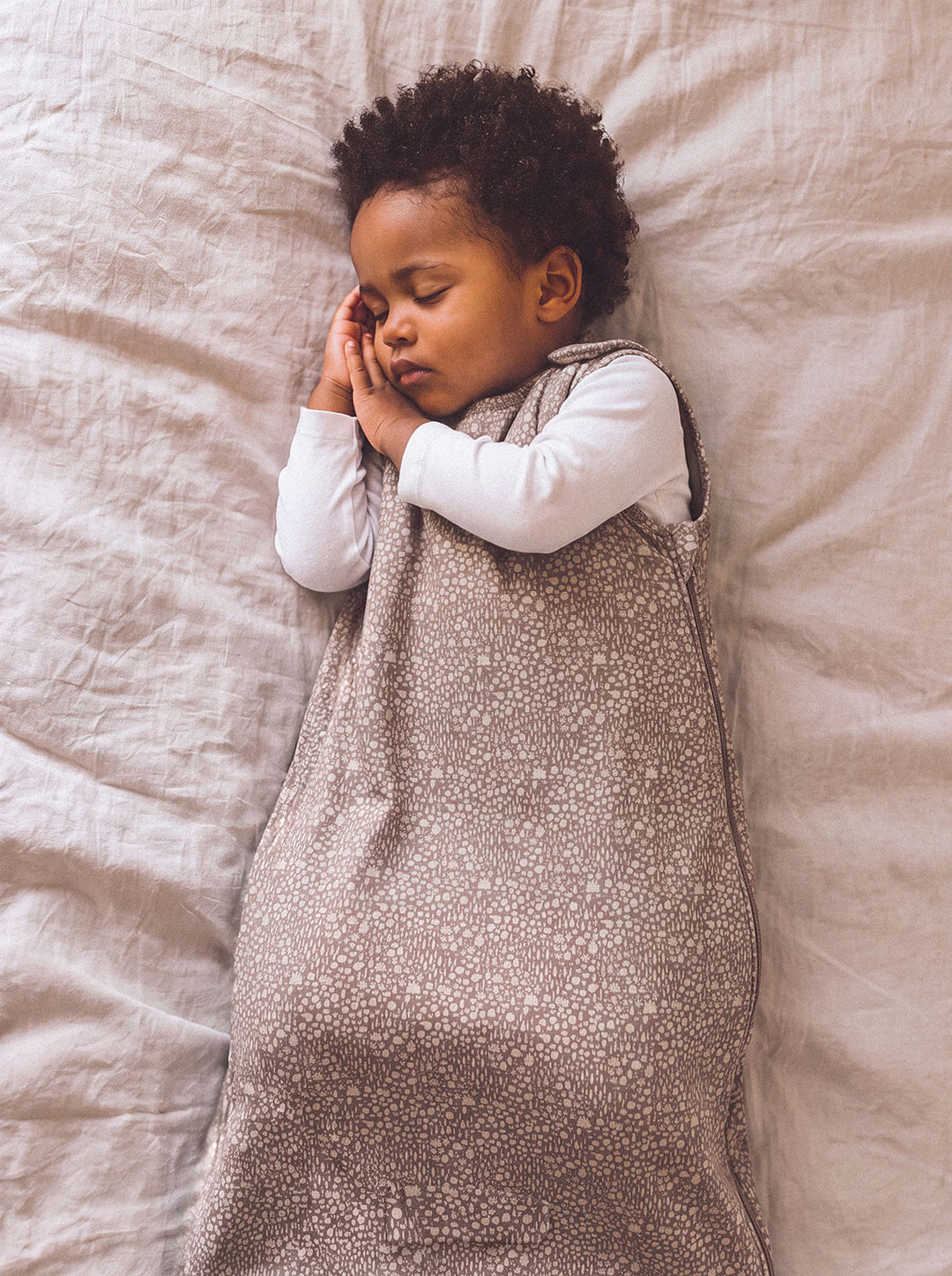 Merino baby sleeping bag neutral forest woodland print front #colour_sylvan-fawn