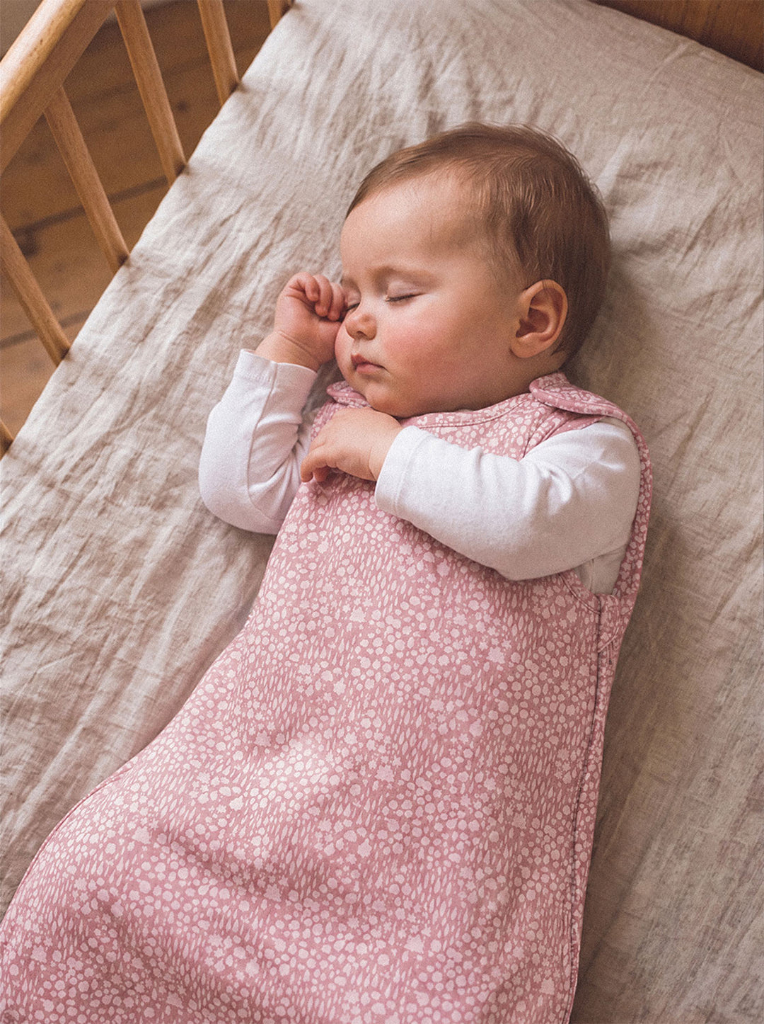 Merino baby sleeping bag neutral forest woodland print front pink #colour_sylvan-rose