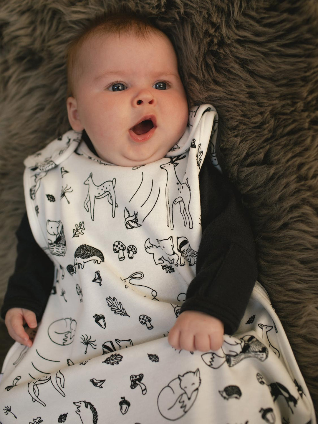 Merino baby sleeping bag woodland animal details #colour_enchanted-forest