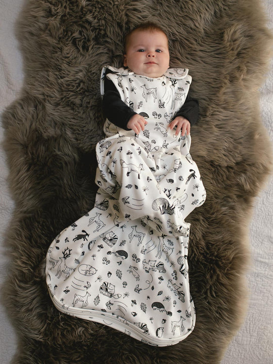 baby merino sleeping bag with woodland animal print front #colour_enchanted-forest