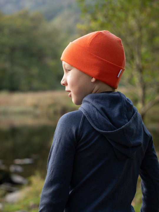 Merino beanie hat orange boy side #colour_fox