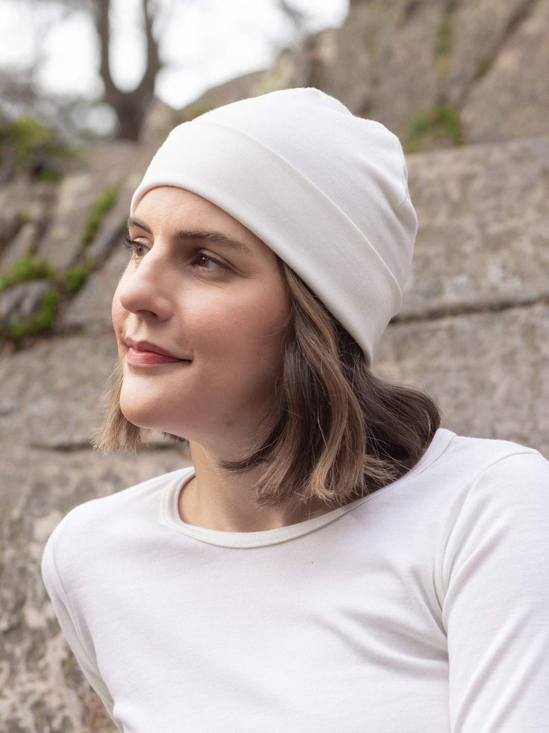 Merino beanie hat ivory womens side #colour_pure-ivory