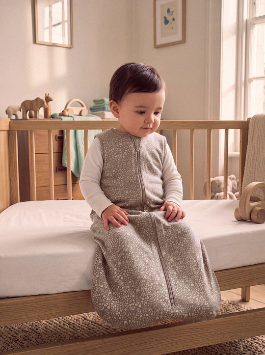 Merino toddler sleeping bag forest woodland print neutral beige #colour_sylvan-fawn