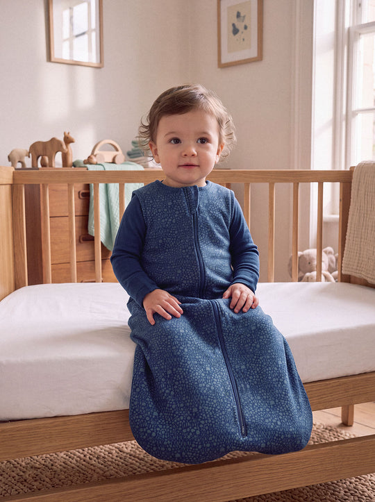 Merino toddler sleeping bag forest woodland print neutral navy #colour_sylvan-navy