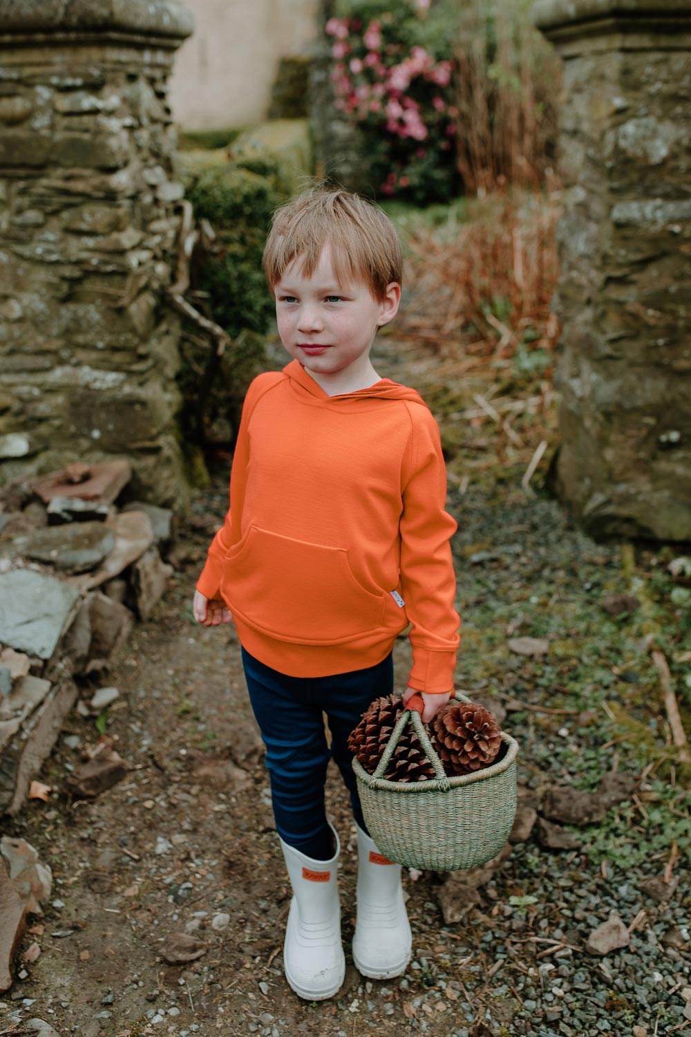 Kids merino hoodie orange front #colour_fox