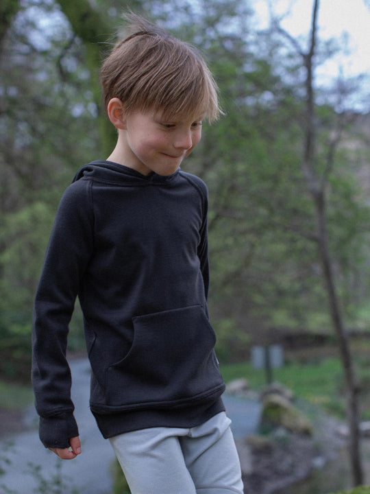 Kids merino hoodie black front  boys #colour_ink