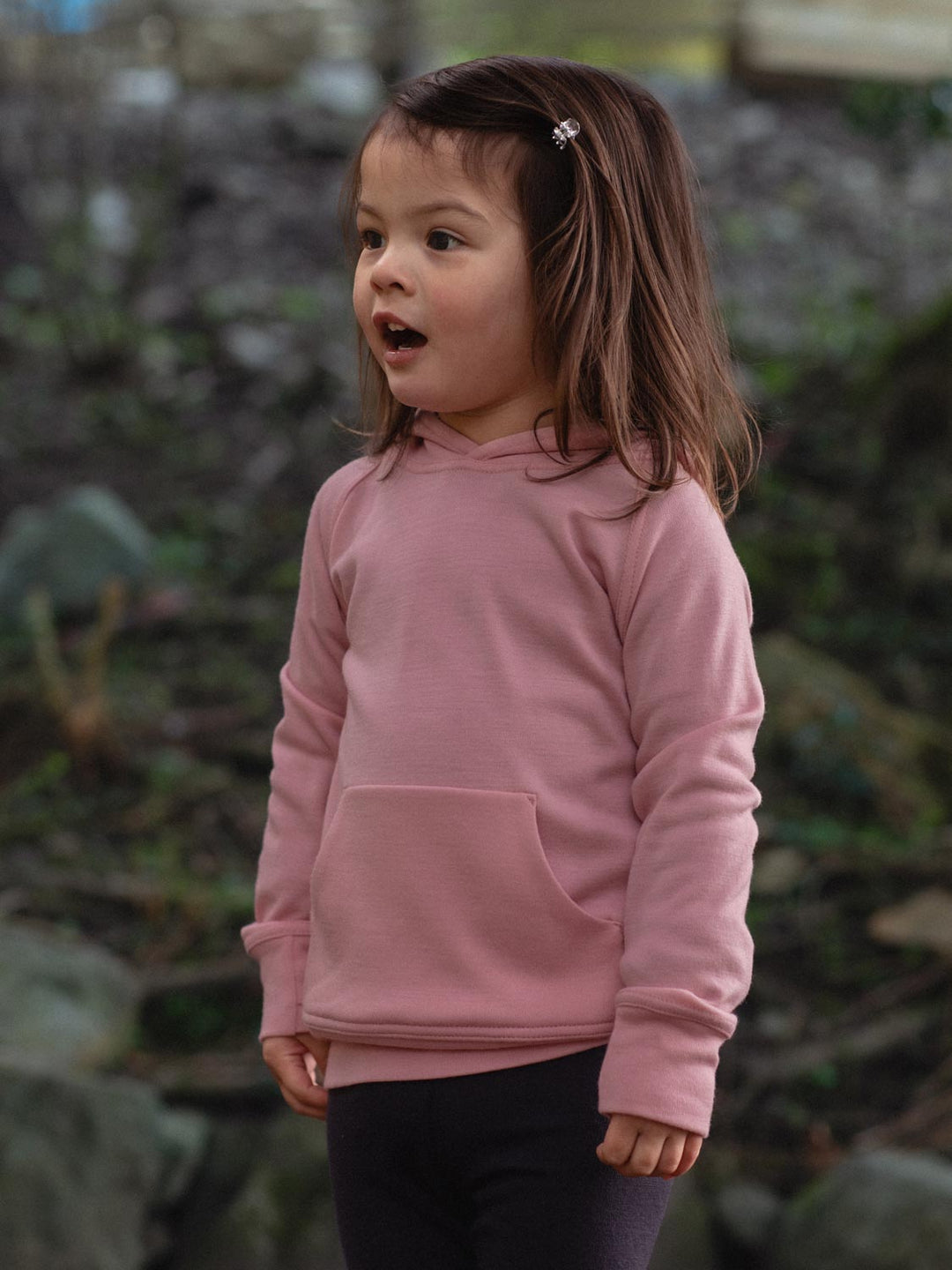 Kids merino hoodie pink side #colour_vintage-rose