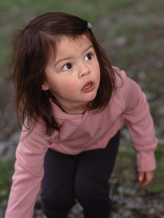 Kids merino hoodie pink detail #colour_vintage-rose