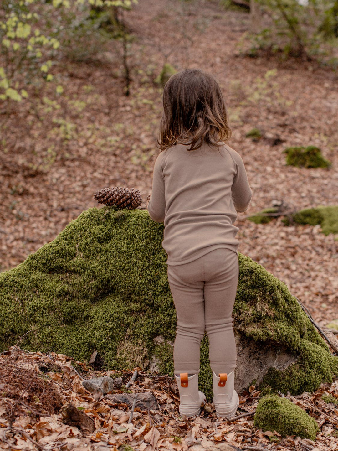 Merino wool kids thermal baselayer pyjama in neutral beige back #colour_pebble