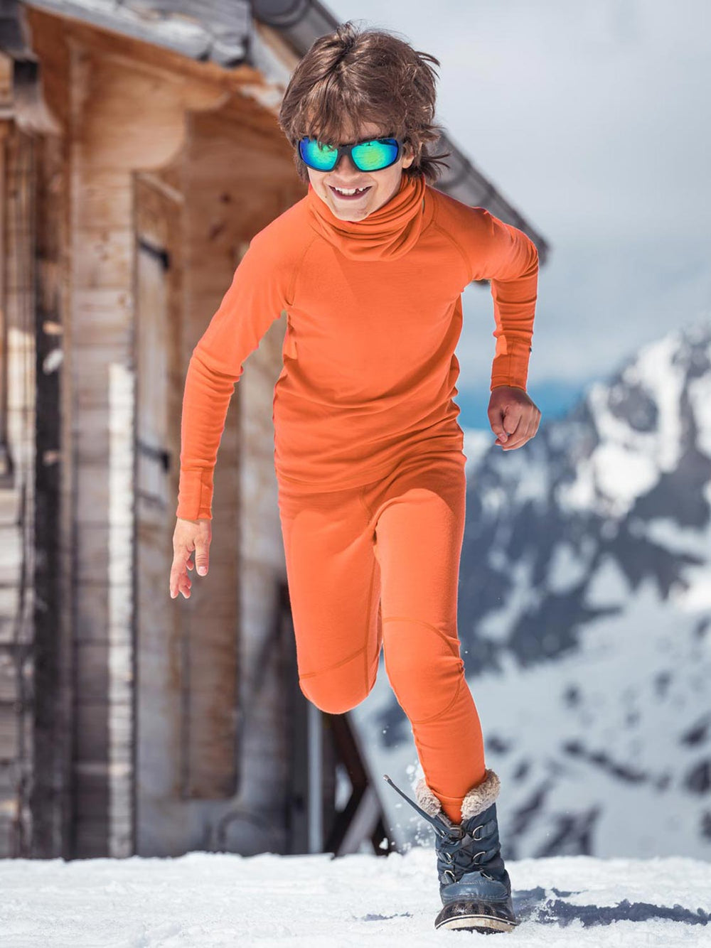 Kids merino base layer thermal legging orange front #colour_fox