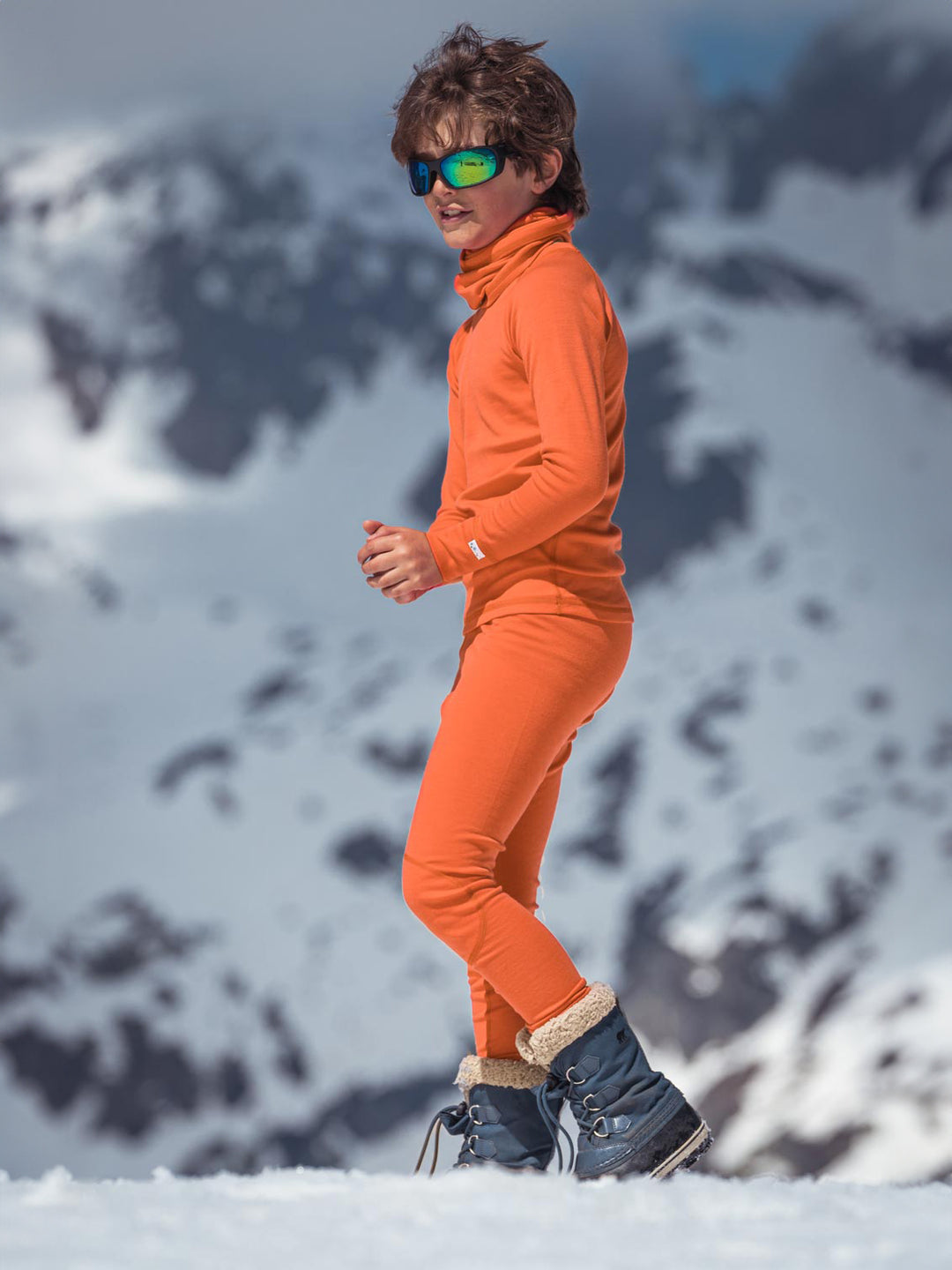 Kids merino base layer thermal legging orange side #colour_fox